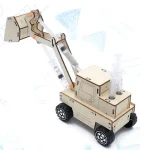 Oggetto scientifico in legno, robot con braccio articolato e strumenti di laboratorio, perfetto come decorazione scientifica o oggetto educativo per appassionati di scienza.