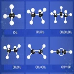 Modellini di molecole chimiche in plastica bianca e nera, rappresentanti diverse strutture molecolari, ideali per scopi educativi e decorativi scientifici.