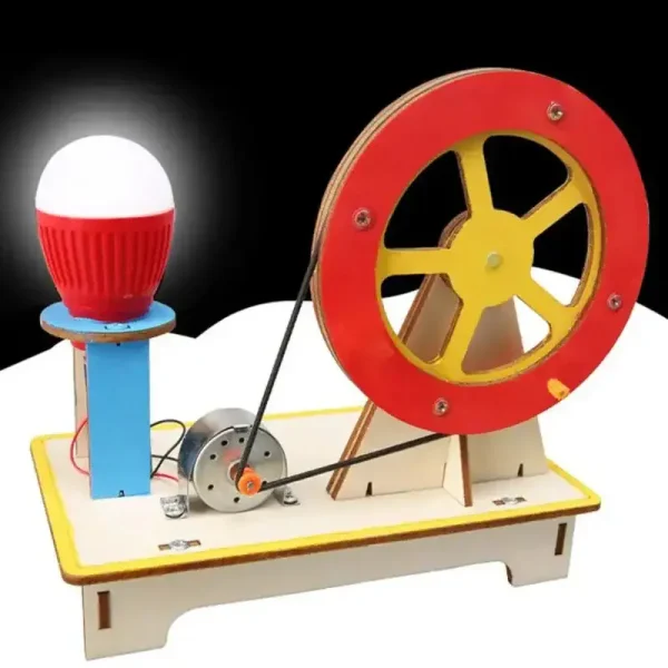 Viteca di energia con lampada e motore a ruota, esempio di esperimento scientifico per studenti.