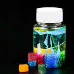 Vaso con liquido colorato e cubetti di ghiaccio decorativi, oggetto scientifico decorativo per ambienti educativi e di design.