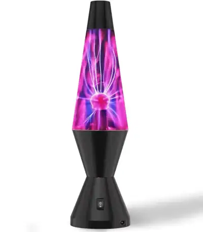 Lampada plasma a forma di razzo con lampi luminosi viola e rosa.