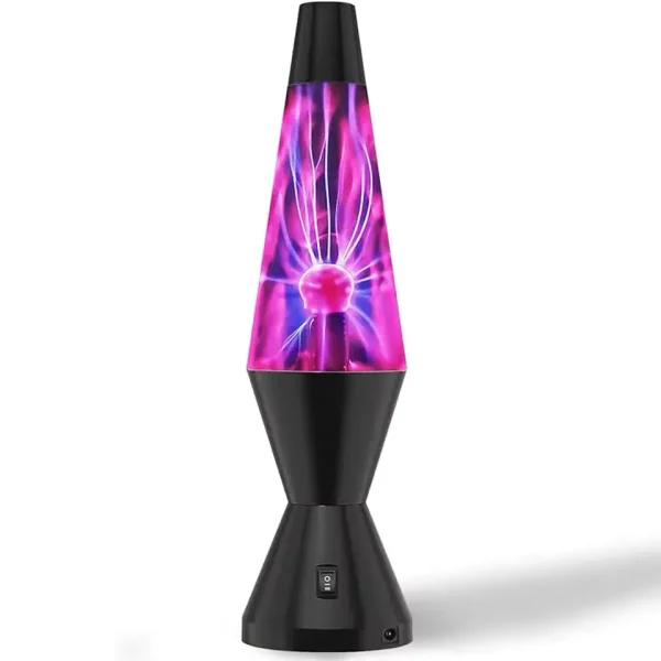 Lampada plasma a forma di razzo con lampi luminosi viola e rosa.