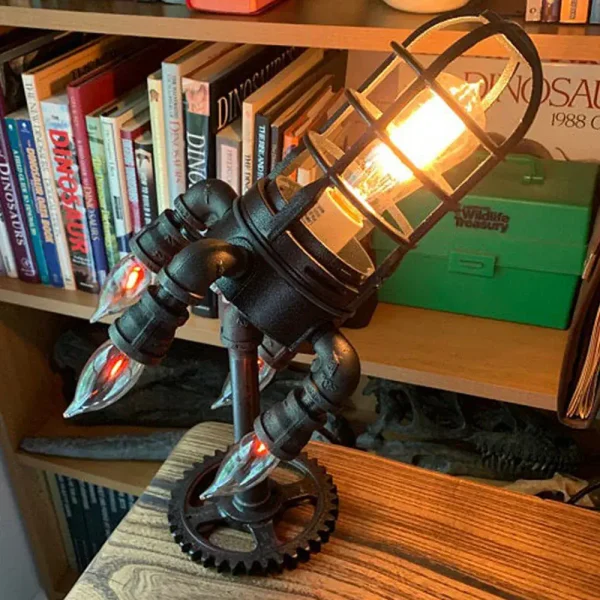 Lampada decorativa in stile steampunk con elementi scientifici, illuminazione calda e design vintage, perfetta per ambienti studi o decorazioni a tema scientifico.