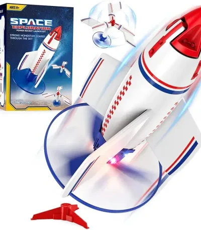 Razzo giocattolo spaziale per bambini con luci LED e suoni realistici, ideale per stimolare l'immaginazione e l'interesse per lo spazio. Perfetto come regalo educativo e decorativo scientifico.