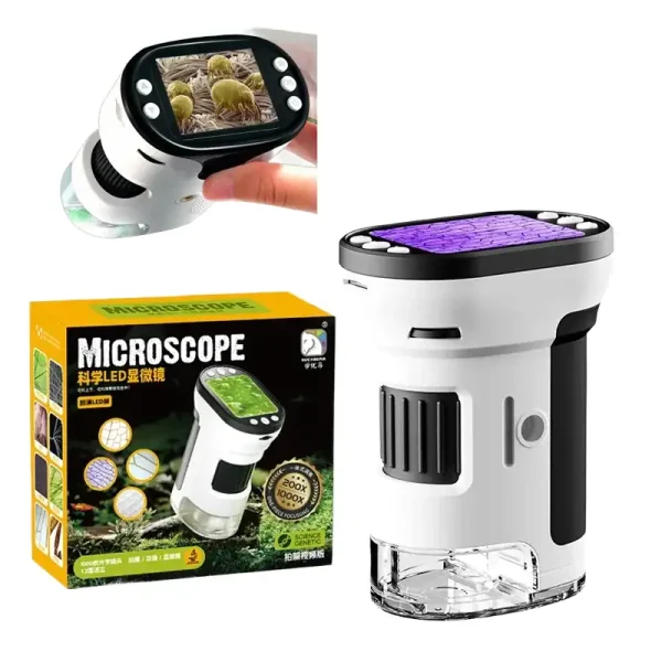 Microscopio digitale portatile con schermo LCD, ideale per osservazioni scientifiche e didattiche, con illuminazione LED e ingrandimento regolabile.