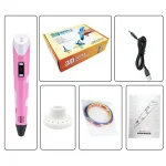 Penna 3D rosa e bianca con accessori, perfetta per stampa 3D e progetti creativi, include cavo USB, filamenti colorati e manuale di istruzioni.