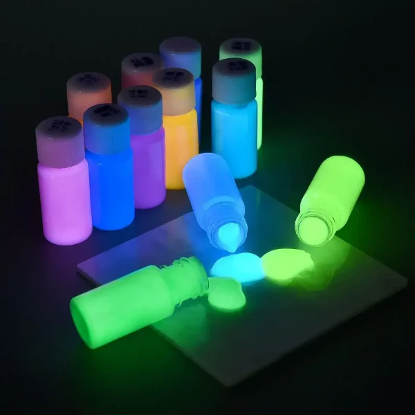 Vasi di vernice fluorescente che brillano al buio, ideali per decorazioni scientifiche e artistiche, creando effetti luminosi sorprendenti in ambienti oscuri.