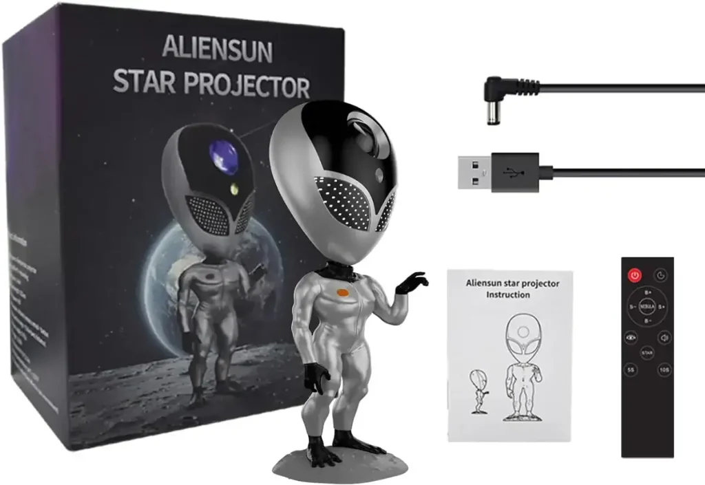 Proiettore stellare Alien Sun con design futuristico, include telecomando, cavo USB e istruzioni, ideale come decorazione scientifica e oggetto da collezione.