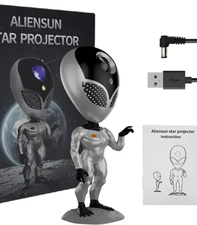 Proiettore stellare Alien Sun con design futuristico, include telecomando, cavo USB e istruzioni, ideale come decorazione scientifica e oggetto da collezione.