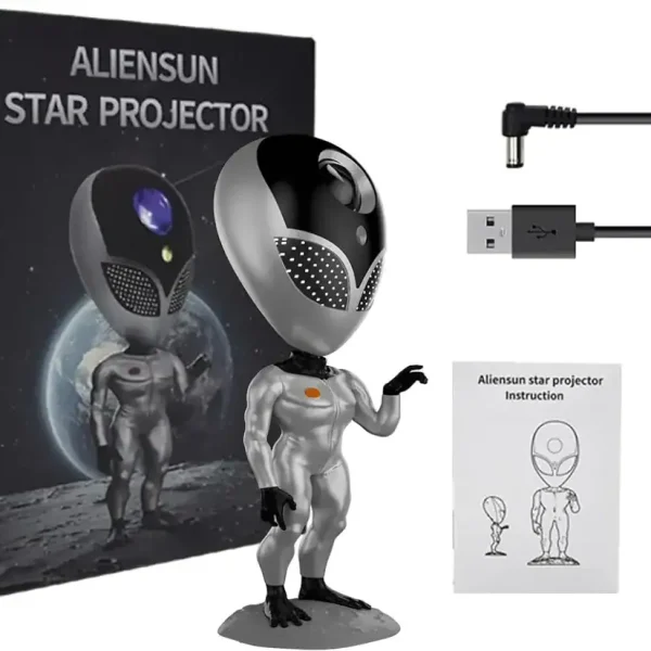 Proiettore stellare Alien Sun con design futuristico, include telecomando, cavo USB e istruzioni, ideale come decorazione scientifica e oggetto da collezione.