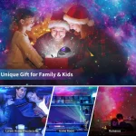 Decorazioni natalizie a tema spaziale con famiglia che si diverte, ambientazione galattica, luci colorate e atmosfera festosa, perfette per regali e decorazioni scientifiche.