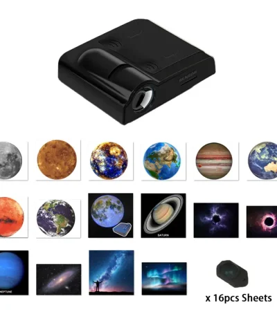 Proiettore portatile con immagini di pianeti, galassie e fenomeni spaziali, ideale per decorazioni scientifiche e educative, compatto e facile da usare.