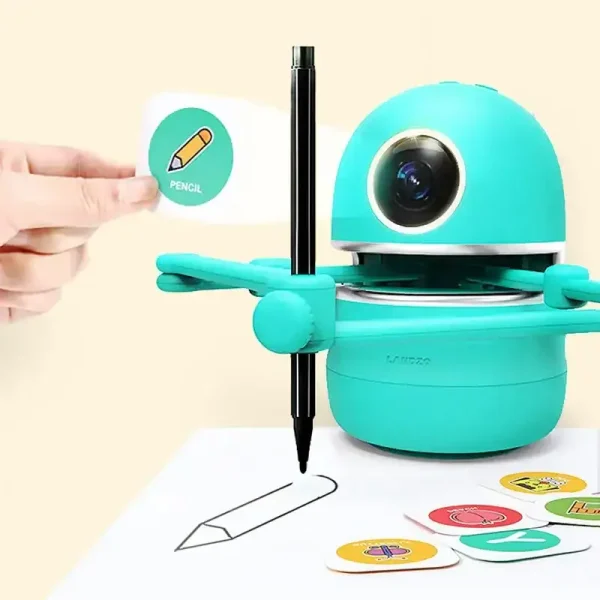 Robot didattico con penna e fogli di carta, ideale per attività di apprendimento e creatività. Design moderno e interattivo, perfetto per stimolare l'immaginazione dei bambini e rendere l'apprendiment.