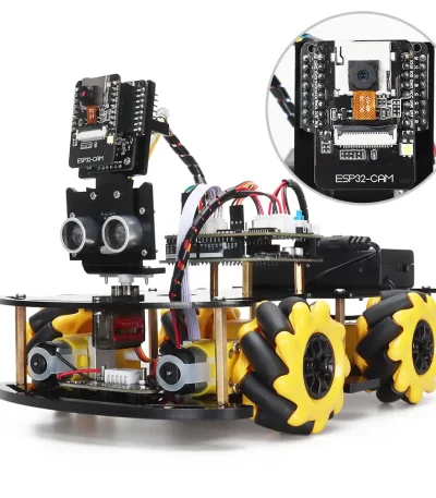 Robot educativo con sensori e microcontrollore, ideale per progetti di robotica e STEM, dotato di ruote gommate e componenti elettronici avanzati.