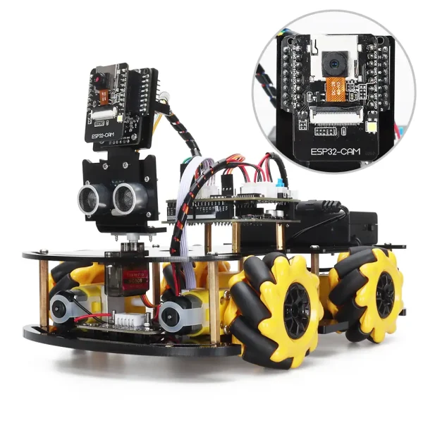 Robot educativo con sensori e microcontrollore, ideale per progetti di robotica e STEM, dotato di ruote gommate e componenti elettronici avanzati.