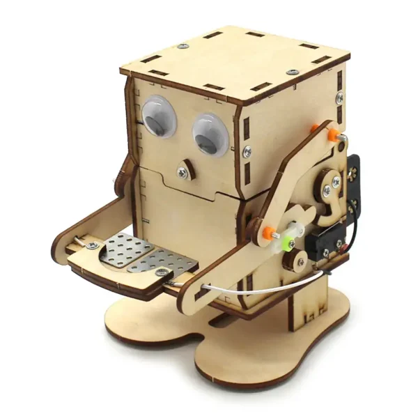 Robot in legno fatto a mano, decorazione scientifica educativa, modello di robot con dettagli meccanici, perfetto per arredamento a tema scientifico e didattico.