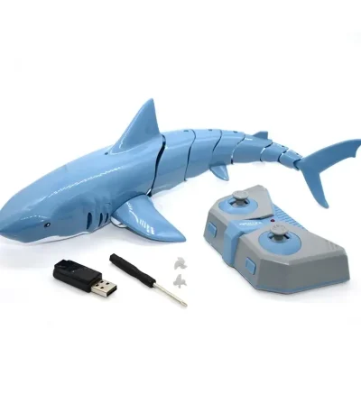 Squalo robotico blu con telecomando, USB e strumenti di controllo, ideale per decorazioni scientifiche e giochi educativi.