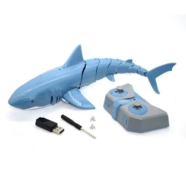 Squalo robotico blu con telecomando, USB e strumenti di controllo, ideale per decorazioni scientifiche e giochi educativi.