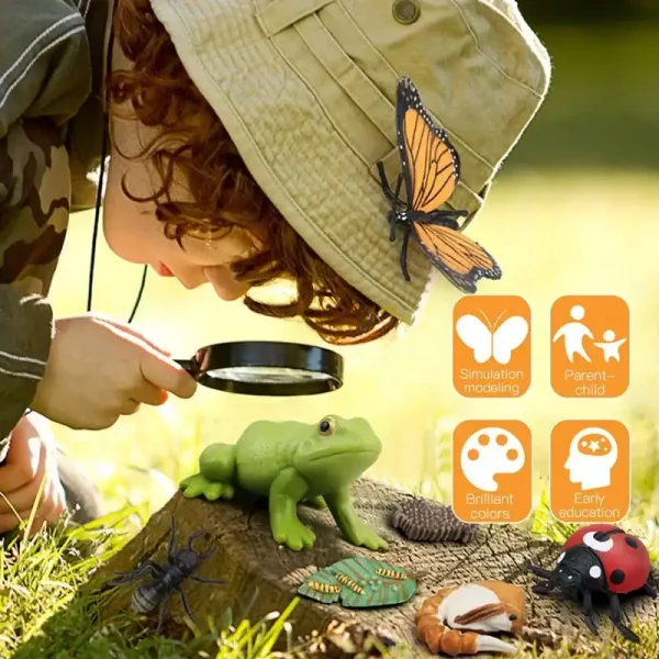 Bambino con cappello che osserva una farfalla su un cappello, circondato da insetti e oggetti scientifici, in un ambiente naturale, promuovendo l'apprendimento e la curiosità scientifica.