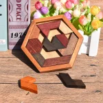 Gioco di logica in legno con forme geometriche colorate, perfetto come decorazione scientifica o oggetto da tavolo.
