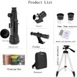 Set di strumenti astronomici con telescopio, finder, obiettivi, e accessori per osservazioni celesti. Perfetto per appassionati di astronomia e astrofili.