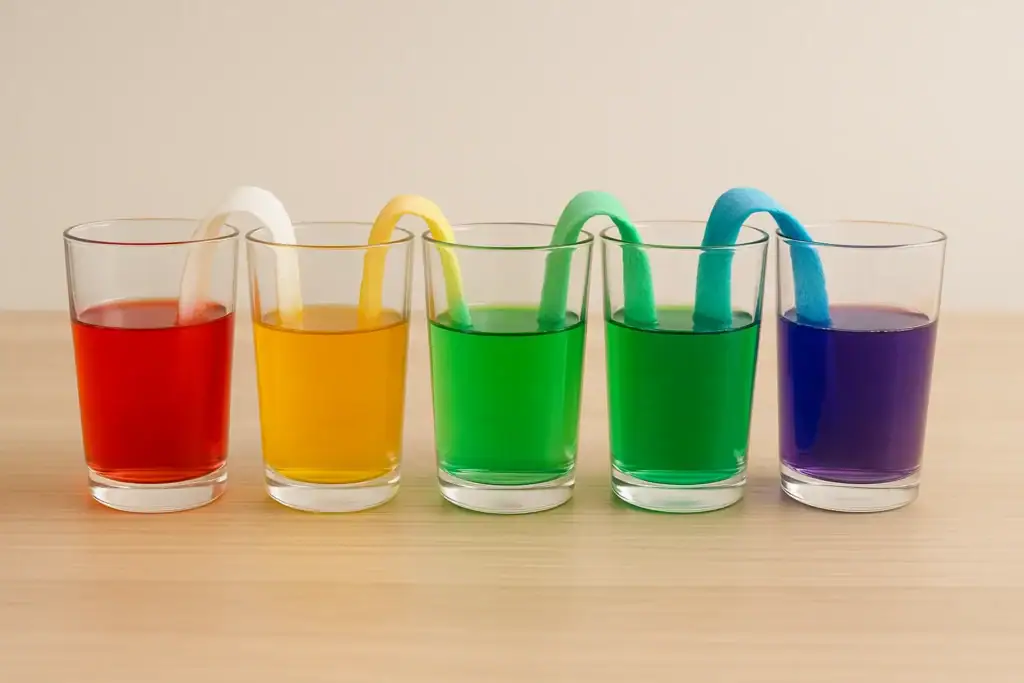 Lunghe pipette di vetro con liquidi colorati in rosso, giallo, verde, blu e viola, immerse in bicchieri trasparenti su sfondo neutro, rappresentano esperimenti scientifici e decorazioni educative.