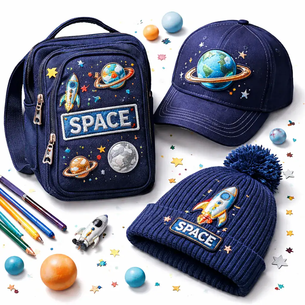 Zaino, cappellino e berretto con decorazioni spaziali, pianeti e razzi in tessuto blu, perfetti per gli appassionati di spazio e scienza, ideali come oggetti decorativi o accessori per bambini.