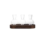Vasi di vetro trasparente su base di legno, ideali per decorazioni e esperimenti scientifici, con design elegante e funzionale. Perfetti per appassionati di scienza e decorazioni originali.