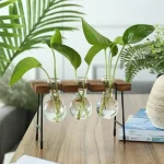Pianta in provetta decorativa con supporto in legno e metallo, ideale come oggetto scientifico e decorativo per ambienti moderni e studi.