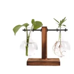 Modello di bilancia con due beute di vetro contenenti piante in crescita, simbolo di equilibrio e scienza botanica.