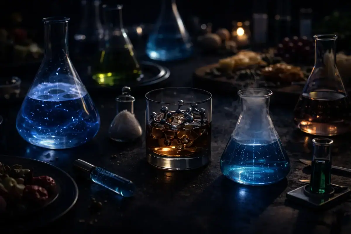 Fiale e flaconi da laboratorio contenenti liquidi colorati, illuminati in un'atmosfera buia, evocando la scienza e la ricerca.