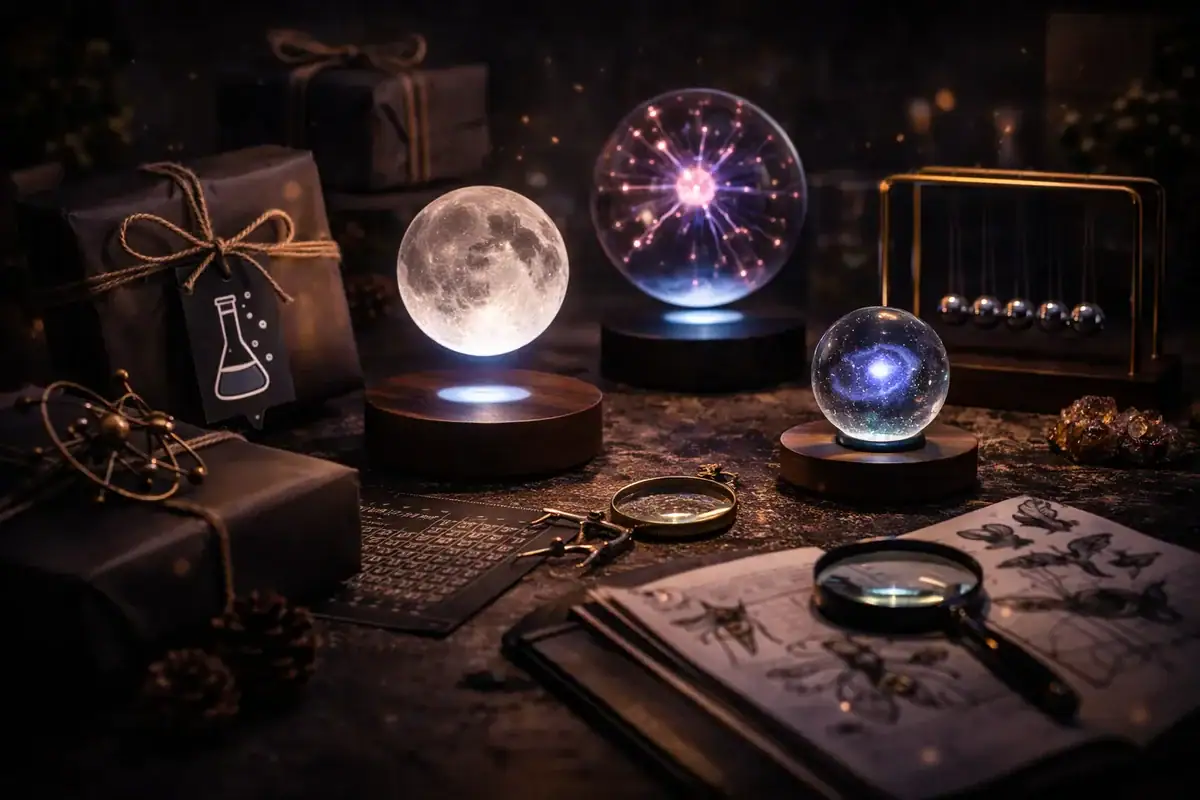 Una decorazione scientifica innovativa con modelli di pianeti, luna e esperimenti di fisica. Perfetta per gli amanti della scienza e della decorazione originale.