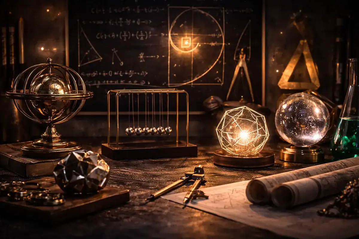 Collezione di oggetti scientifici e strumenti di laboratorio su una scrivania in legno, con elementi come globo, sfera geometrica, provette e appunti di ricerca, in un ambiente di studio.