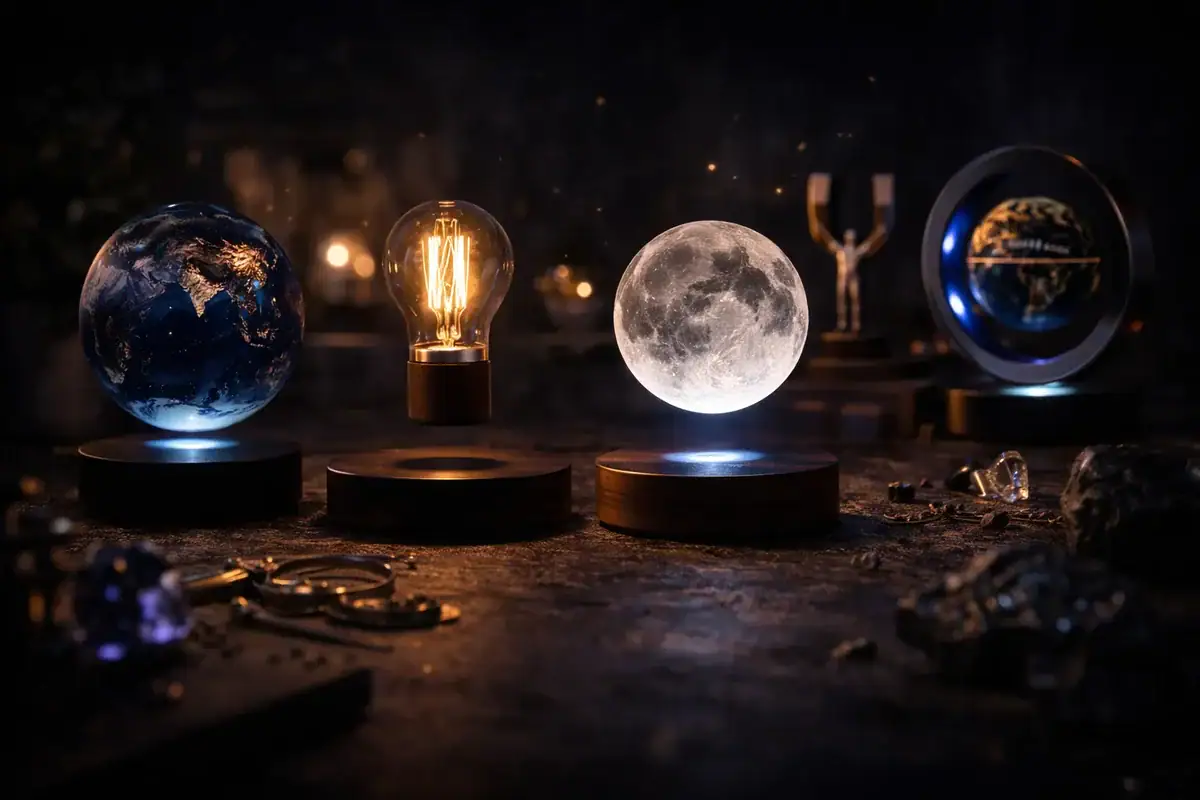 Oggetti scientifici decorativi: pianeti, lampada a incandescenza, luna e oggetti di scienza per arredamento.