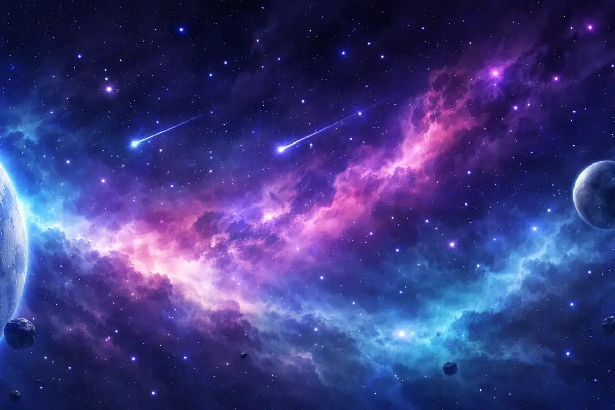 Oggetto scientifico decorativo raffigurante un cielo stellato con meteore e pianeti, ideale come decorazione per appassionati di astronomia e scienza.