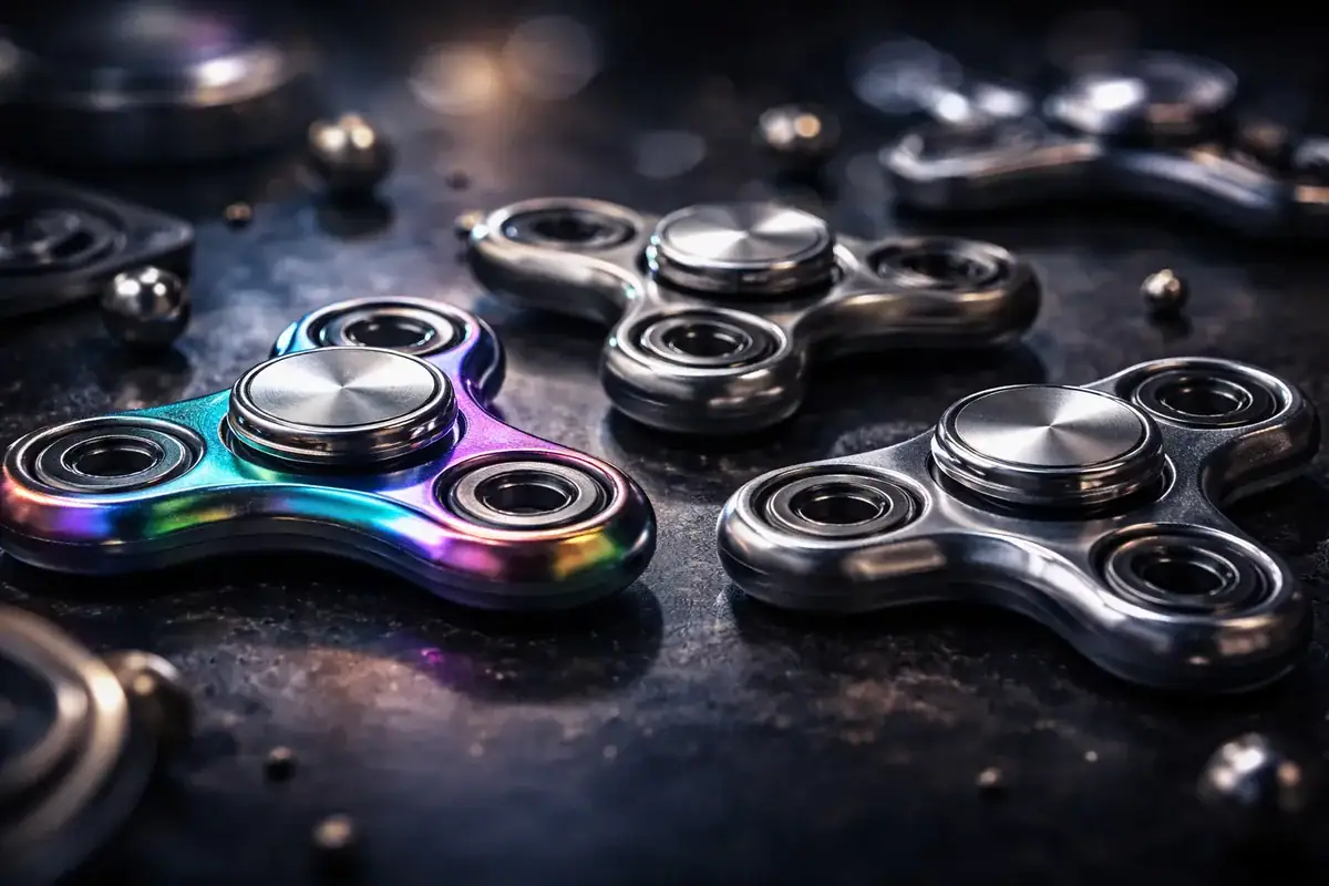 Fidget spinner scientifico in metallo con design colorato e dettagli tecnici, ideale come oggetto decorativo e da collezione per appassionati di scienza e tecnologia.