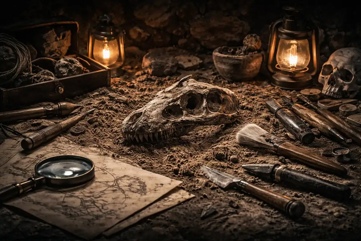 Teschio di dinosauro fossile con strumenti scientifici e lampade a olio in un ambiente oscuro, evocando un'atmosfera di scoperta archeologica e ricerca paleontologica.