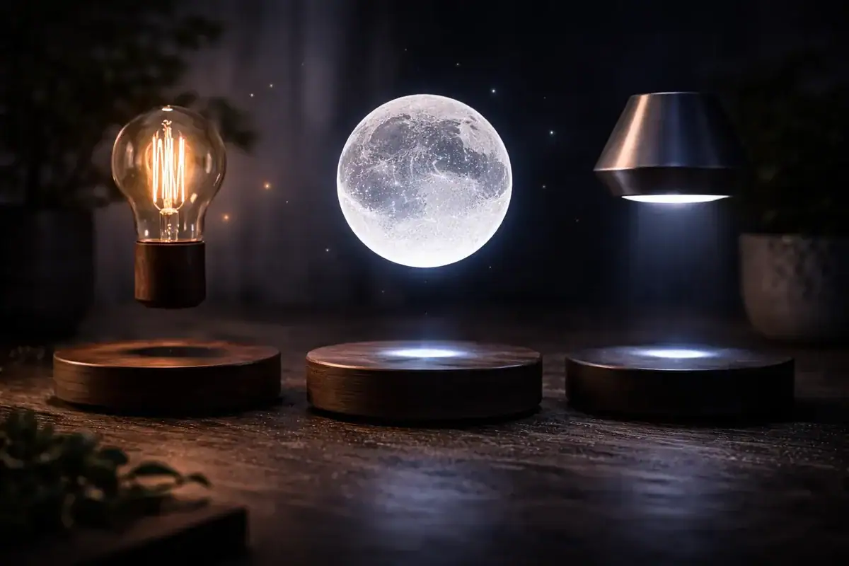 Lampada a filamento, luna olografica e lampada da scrivania moderna.