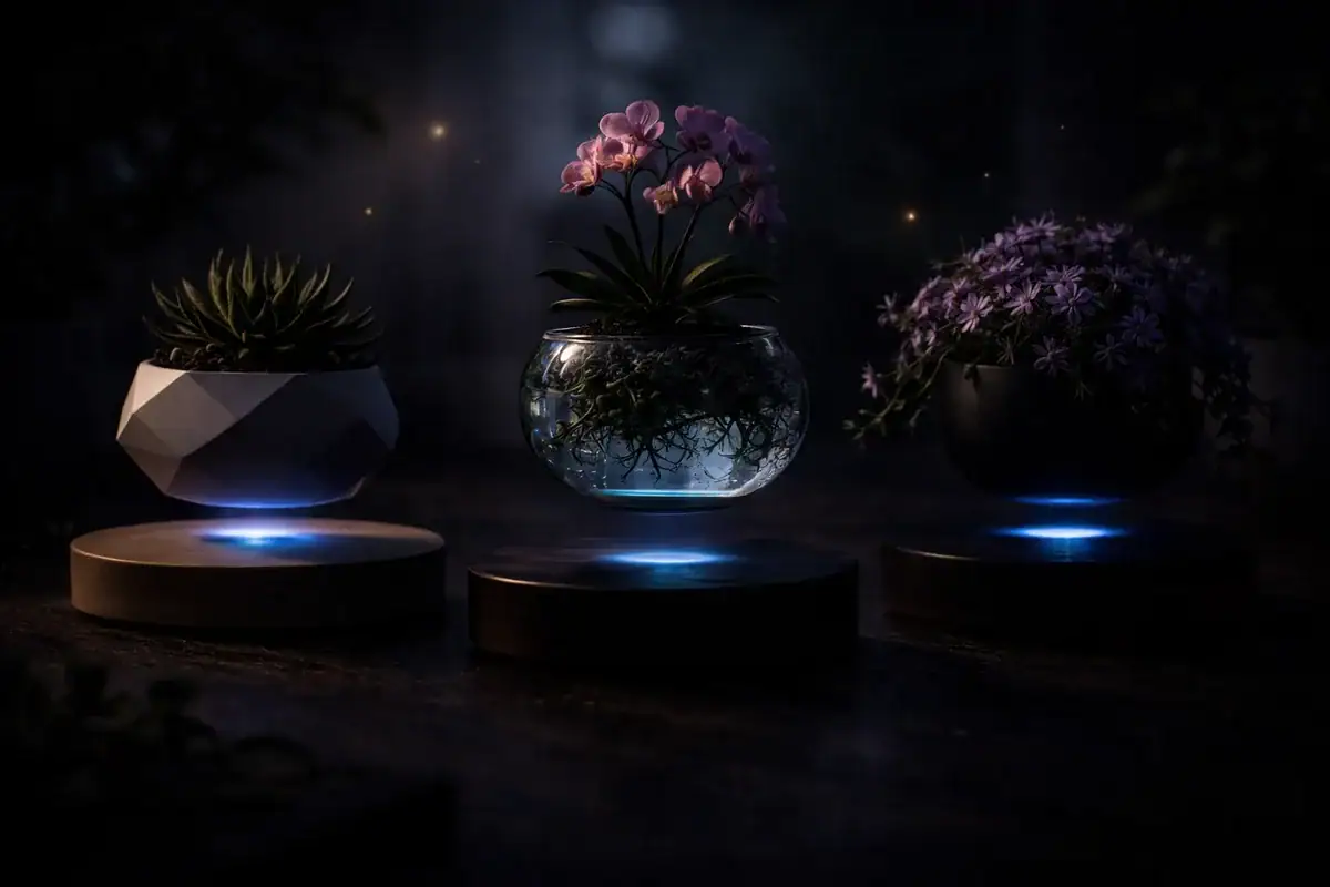 Vasi decorativi con piante e fiori illuminati, creando un'atmosfera misteriosa ed elegante. Perfetti per la decorazione scientifica o moderna, apportano un tocco unico al tuo interno.