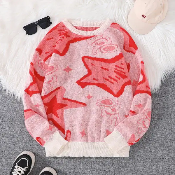Maglione rosa con motivi di stelle, astronavi e elementi spaziali in tonalità rosse e rosa, ideale per gli appassionati di astronomia e moda casual.