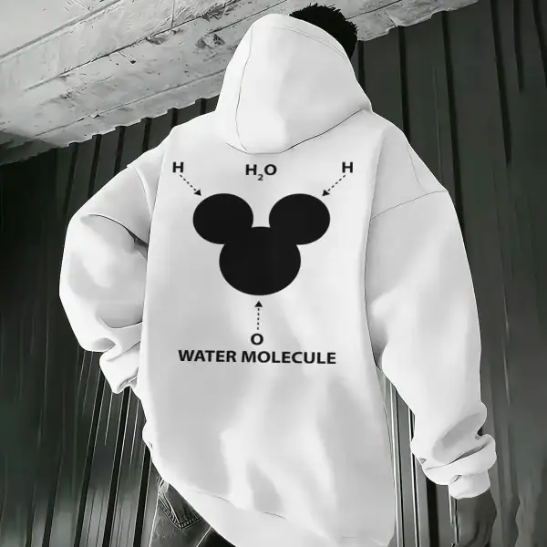 Felpa con cappuccio bianca che illustra la molecola d'acqua, con annotazioni chimiche H2O e Water Molecule, ideale per gli amanti della scienza e della decorazione educativa.