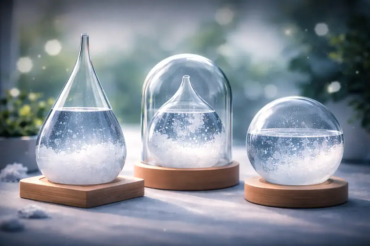 Vasi in vetro da laboratorio contenenti un liquido luminoso, esposti su basi in legno, in un decor naturale e rilassante, perfetti per la decorazione scientifica o moderna.