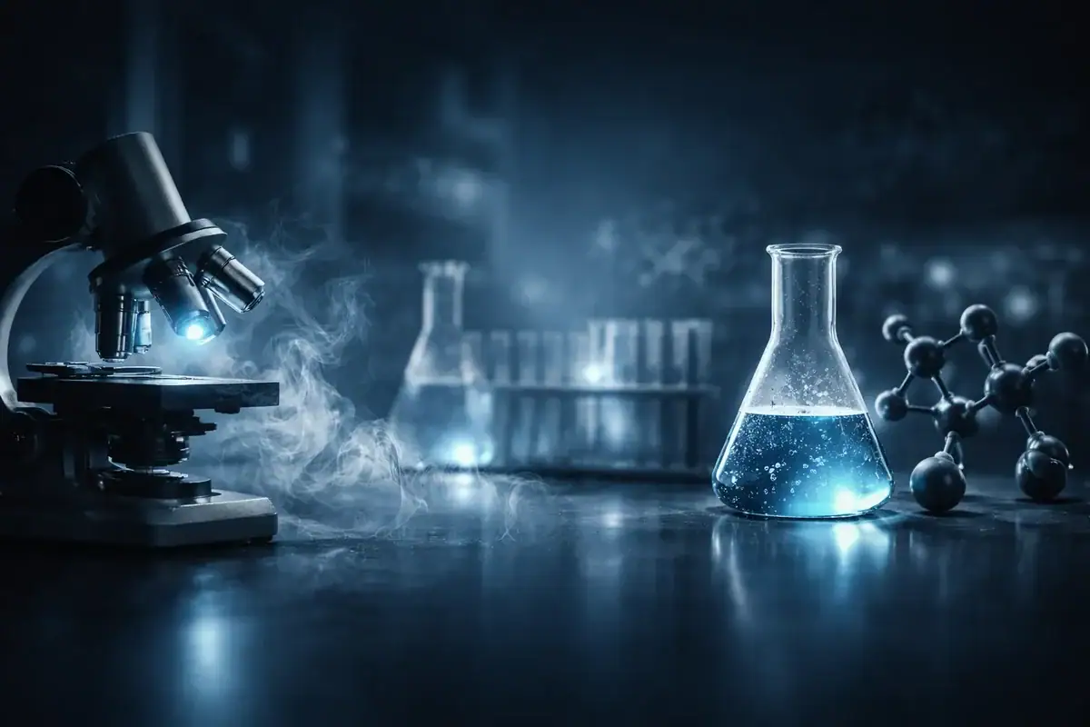 Immagine di un laboratorio scientifico con microscopio, becher con liquido e modello molecolare, ideale per decorazioni e oggetti scientifici.