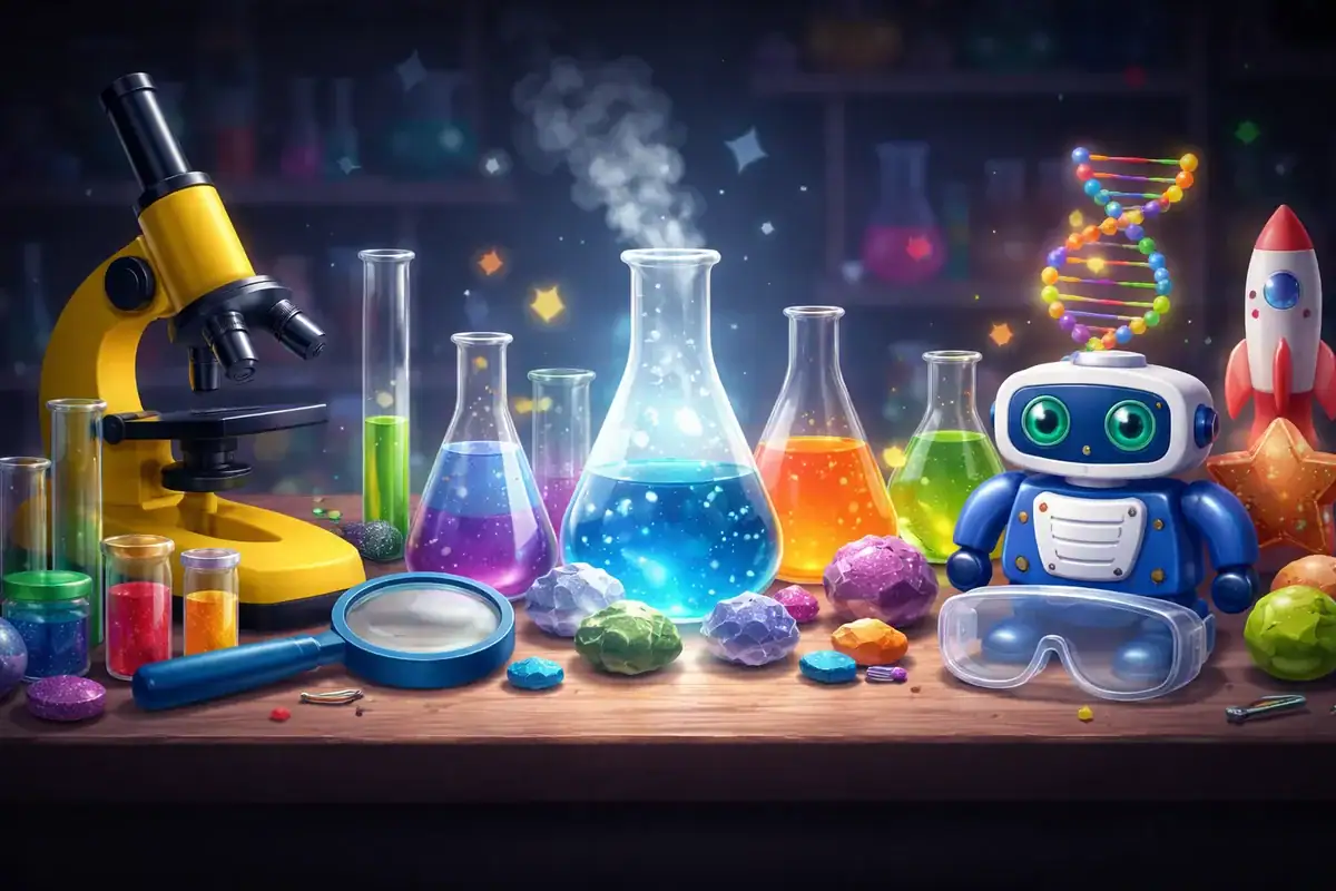 Microscopio, provette colorate e robot in un laboratorio scientifico giocattolo.