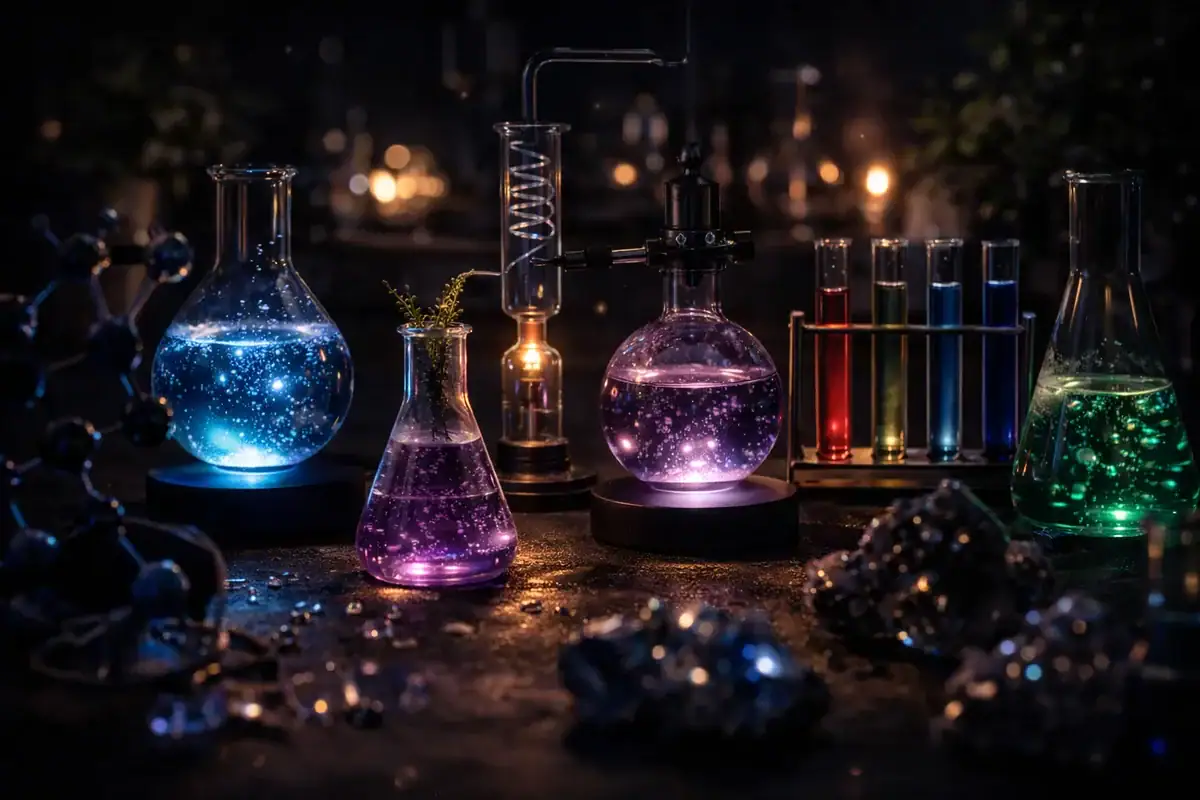 Reagenti chimici con liquidi fluorescenti in provette e beute, illuminati da luci soffuse, creano un effetto magico e scientifico in un laboratorio.
