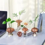 Piante in vasi di vetro con funghi decorativi e fiori, perfetti come oggetti scientifici decorativi per arredare con stile e originalità.