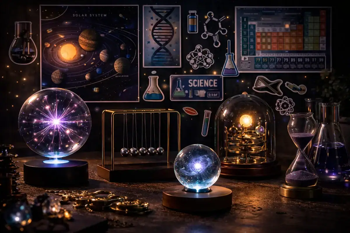 Collezione di oggetti scientifici e decorazioni da laboratorio, inclusi globi luminosi, apparecchi di fisica e illustrazioni di sistemi solari e molecolari.