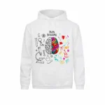 Giacca con cappuccio bianca con illustrazione del cervello, che combina elementi scientifici e artistici, ideale per gli appassionati di scienze e d'arte.
