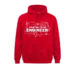 Felpa rossa con scritta "Trust me, I'm an engineer" e disegni di ingegneria, ideale per appassionati di scienza e tecnologia, perfetta come regalo o per l'uso quotidiano.