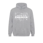 Felpa grigia con cappuccio e grafica di ingegneria e scienza, con la scritta "Trust me, I'm an engineer" e simboli scientifici.